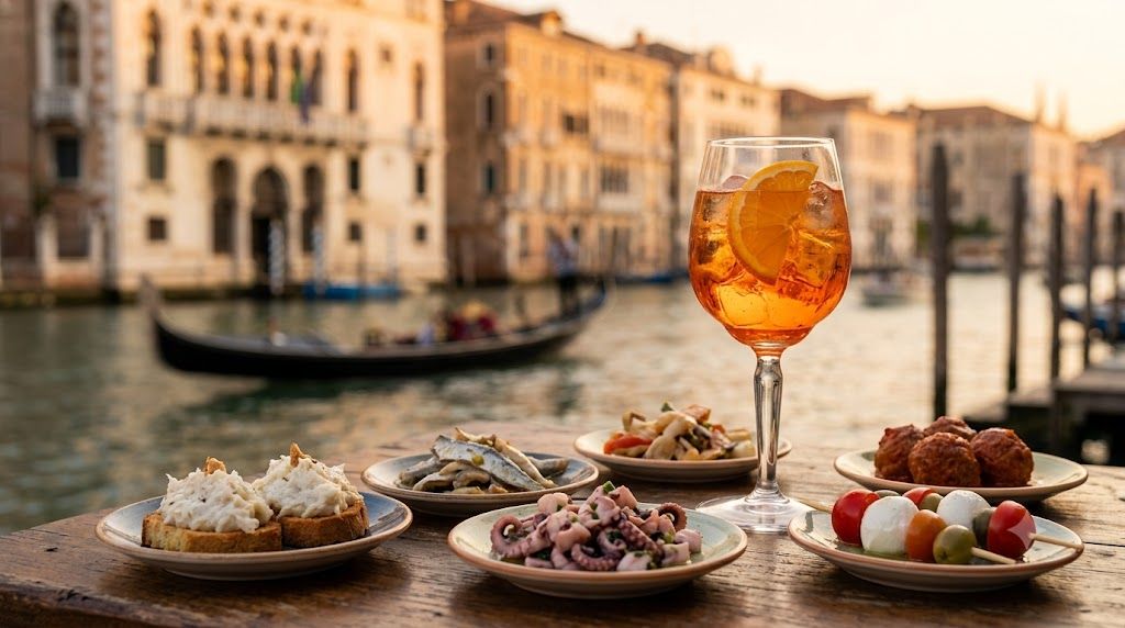 Venecijanska kuhinja — čiketi zalogaji u bakaru, čaša Aperol Spritz, plodovi mora, rižoto sa sipom