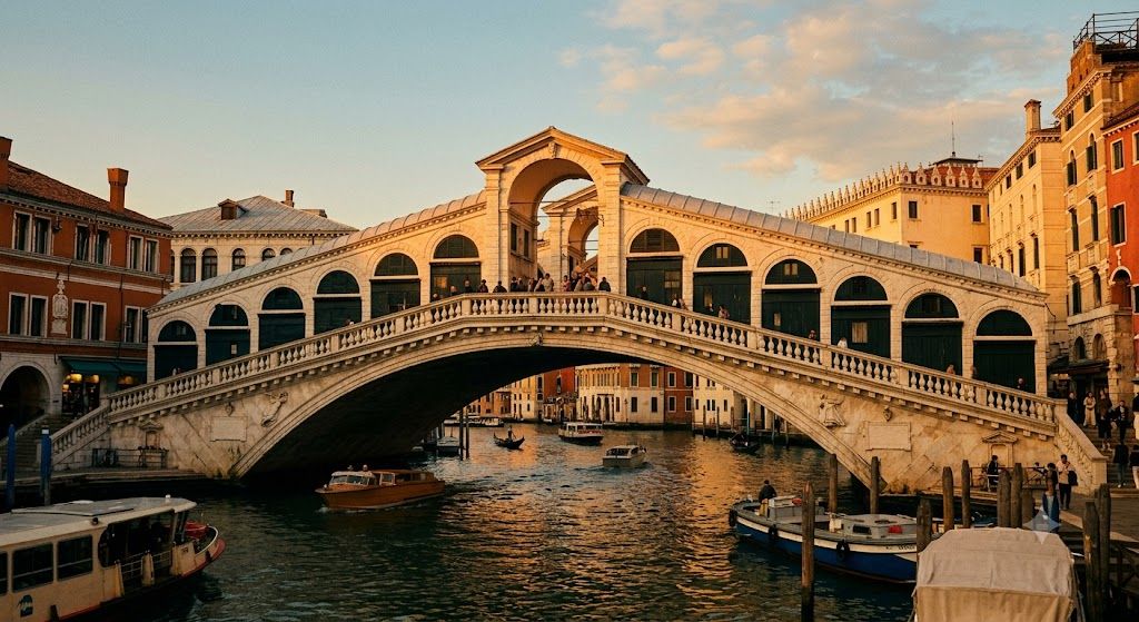 Most Rialto preko Kanala Grande u Veneciji — kameni most, vaporeti i gondole, vekovne palate