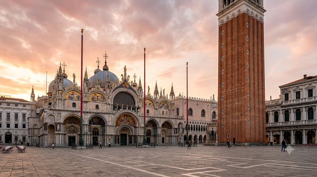 Trg Svetog Marka u Veneciji — Bazilika San Marko sa zlatnim mozaicima, zvonik Kampanile, Duždeva palata