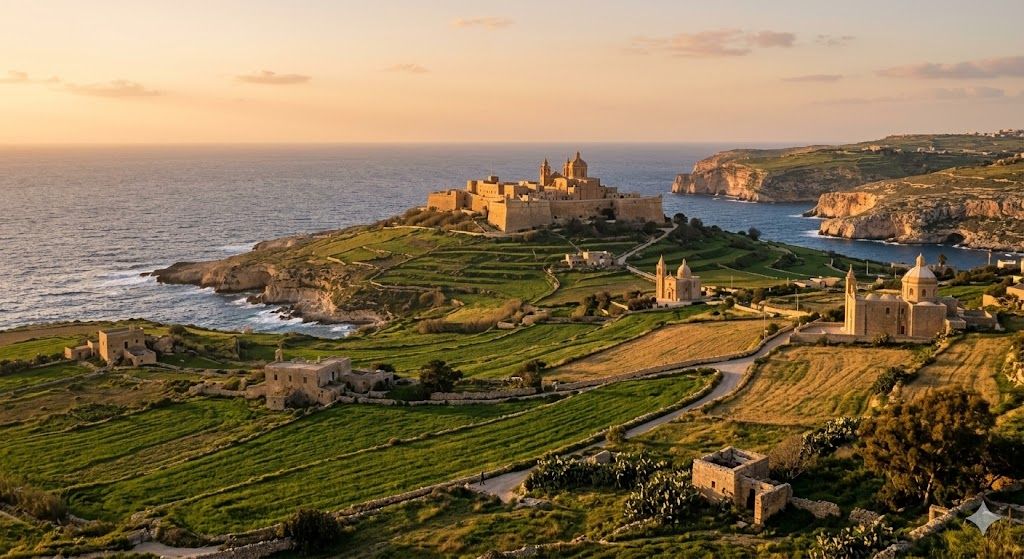 Ostrvo Gozo, Malta u zlatnom svetlu — zelena polja, kamene crkve i utvrđena Citadela na brdu, mirno mediteransko predeo