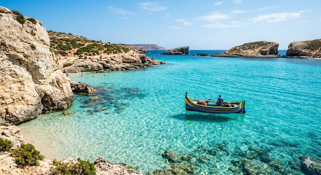Plava laguna na ostrvu Komino, Malta — tirkizna providna voda, bele stene i peščano dno, jedno od najlepših kupališta Mediterana