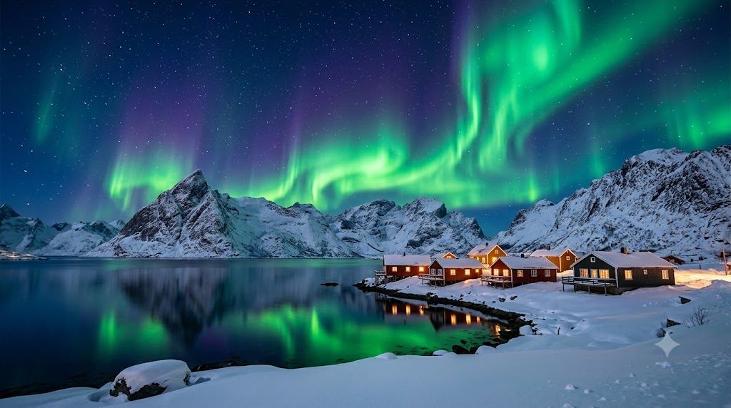 Aurora borealis, severna svetlost iznad snežnog arktičkog pejzaža u Norveškoj — zeleni i ljubičasti talasi svetlosti na nebu iznad fjorda