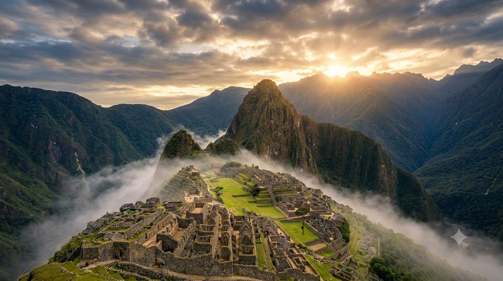Maču Pikču, Peru — drevni grad Inka na grebenu visoko u Andima, kamene terase obavijene maglom, jedno od sedam svetskih čuda novog sveta