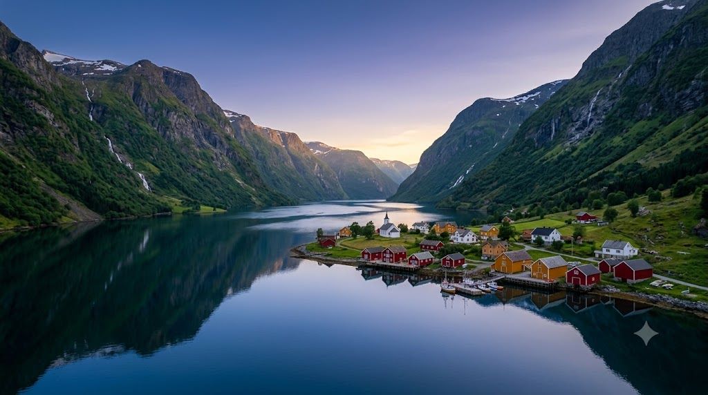 Norveški fjord u Skandinaviji — duboki plavi zaliv okružen strmim zelenim planinama, malo šareno selo na obali vode