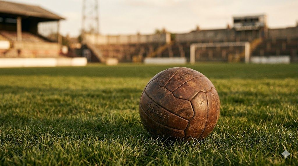 Stara kožna fudbalska lopta na travnatom terenu pred starim stadionom — istorija Svetskog prvenstva u fudbalu