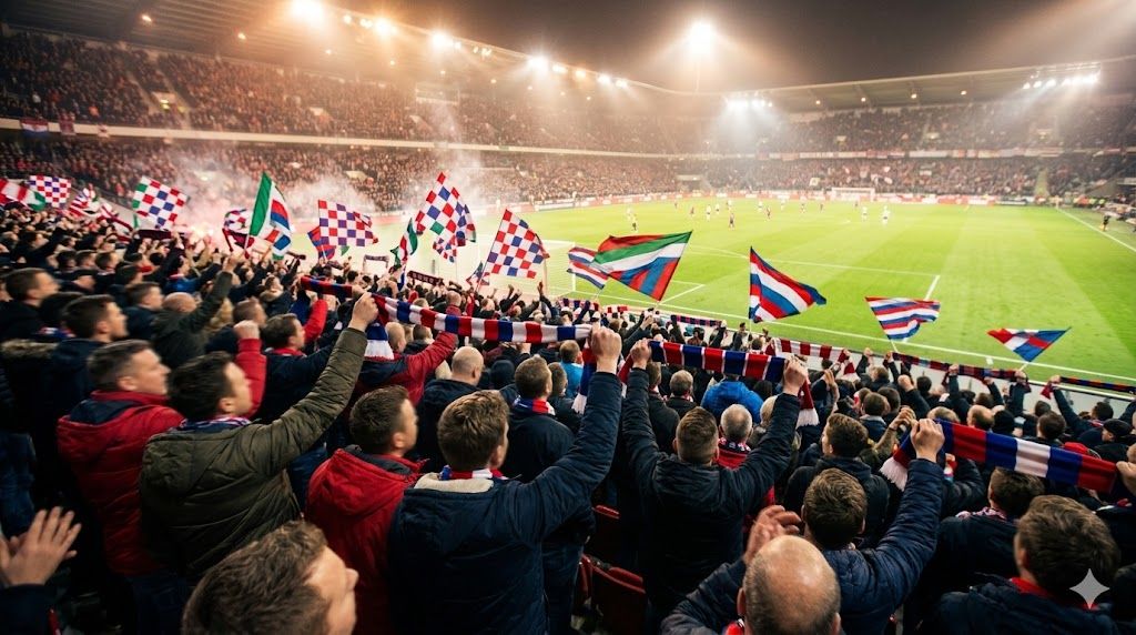 Navijači sa zastavama i šalovima na fudbalskom stadionu — atmosfera Svetskog prvenstva