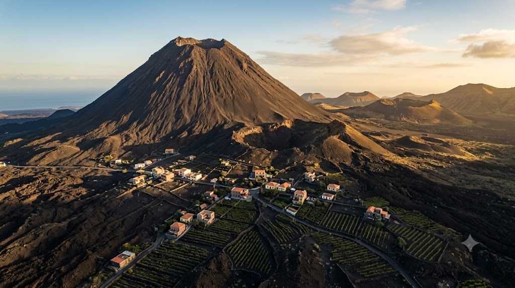 Vulkan Pico do Fogo na ostrvu Fogo, Zelenortska Ostrva — najviši vrh arhipelaga 2829 m, crna lava kaldera, vinogradi na vulkanskom tlu