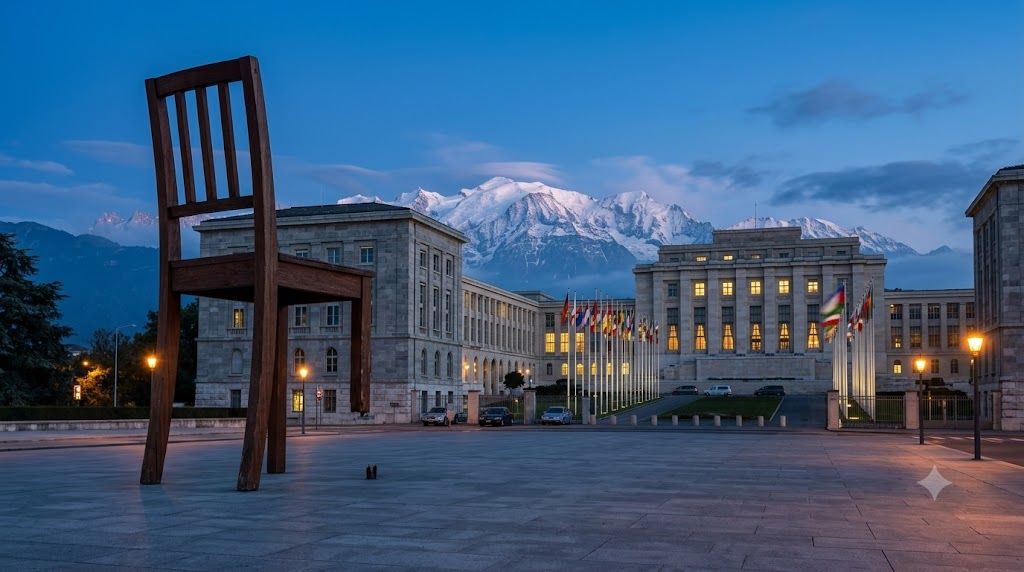 Slomljena stolica ispred Palate nacija u Ženevi