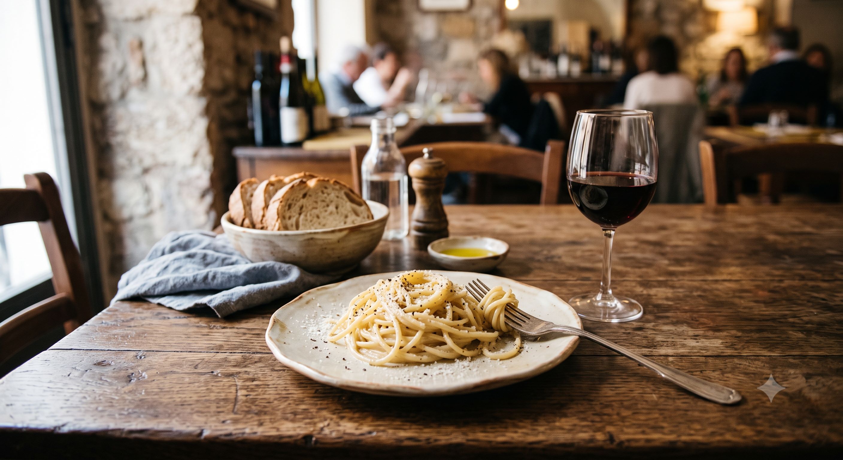 Rimska kuhinja — cacio e pepe pasta i vino u trattoriji