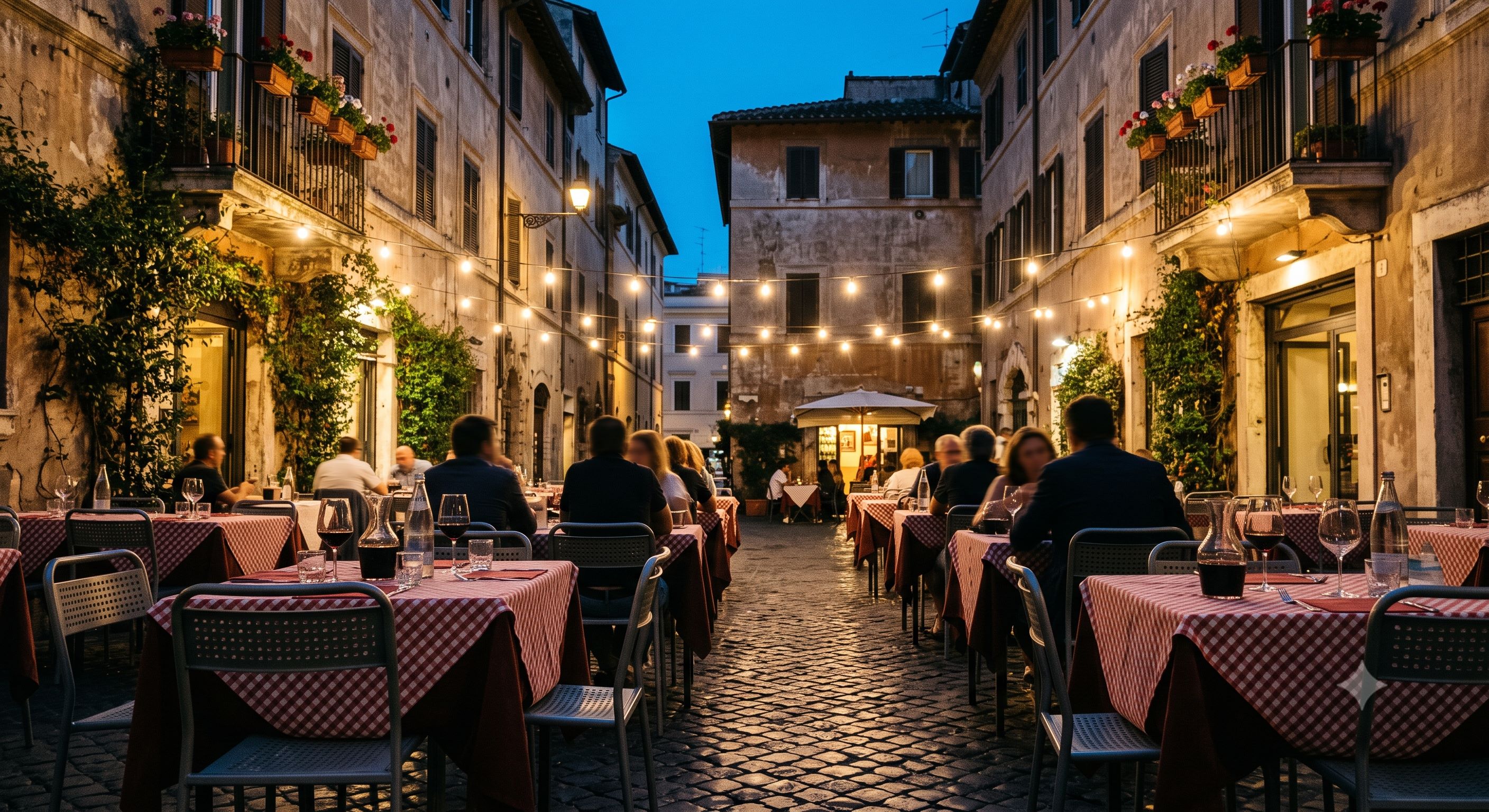 Trastevere kvart u Rimu uveče — bašte trattorija na kaldrmi