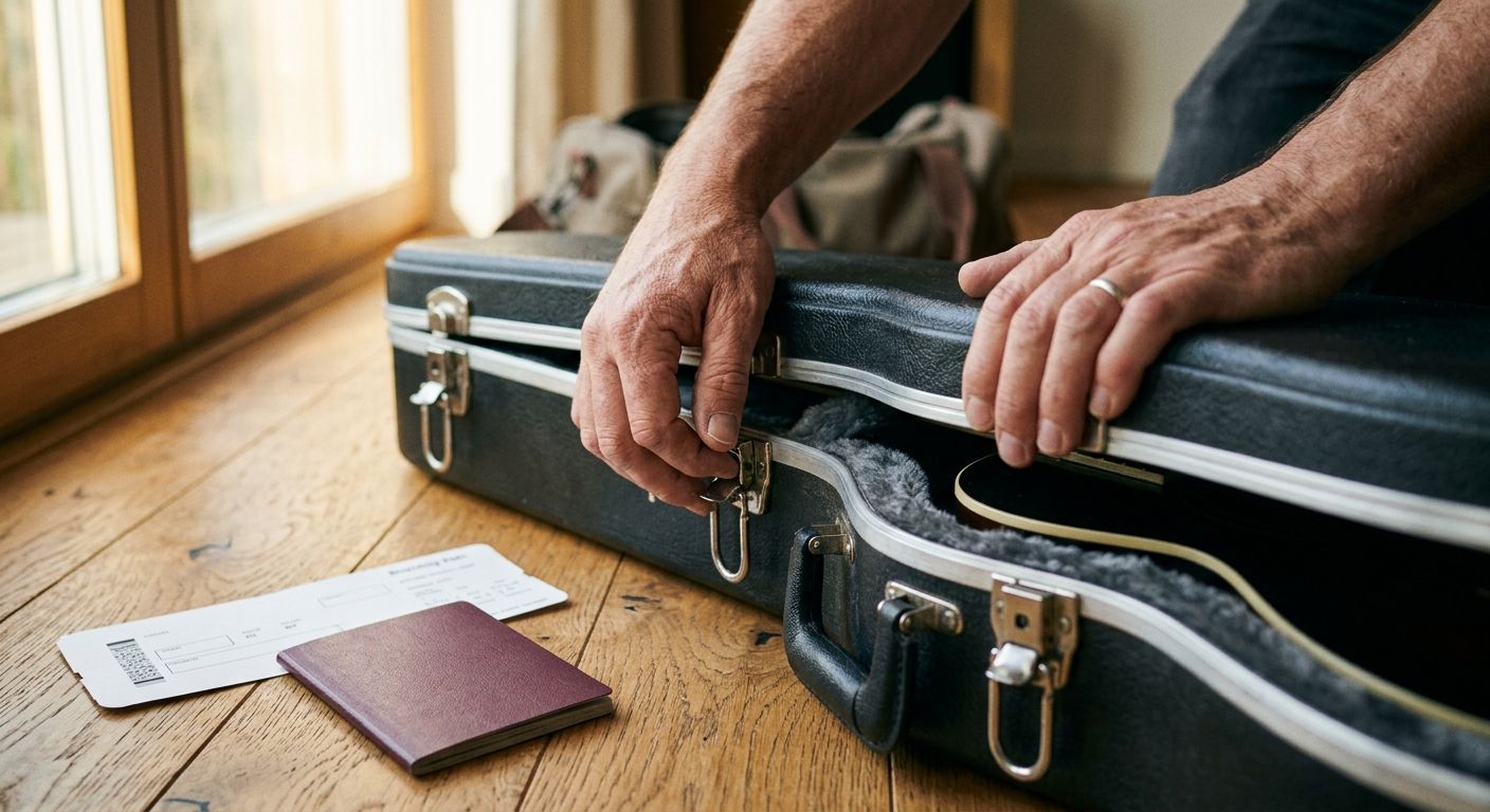 Muzičar zatvara tvrdi kofer za gitaru pred put avionom, pored kofera karta za ukrcavanje i pasoš
