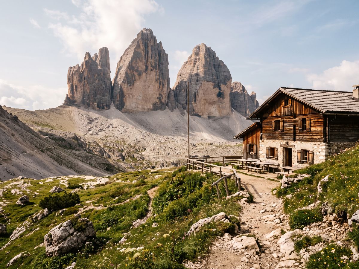 Planinarska staza kod doma Rifugio Locatelli sa pogledom na Tre Cime (AI prikaz)