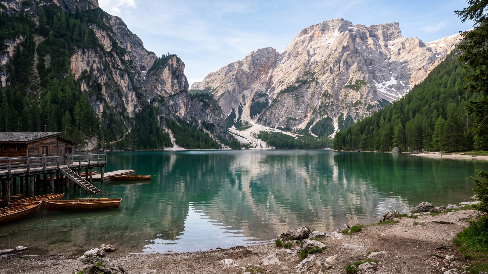Jezero Lago di Braies sa vrhom Croda del Becco (AI prikaz)
