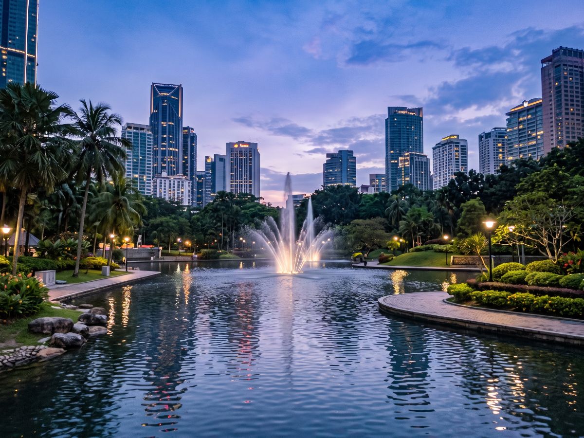 Park sa jezerom i fontanom u centru Kuala Lumpura (AI prikaz)