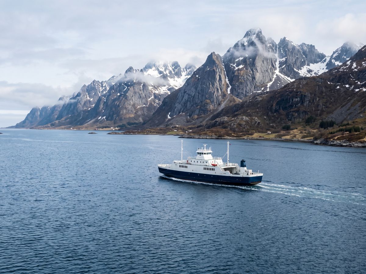Trajekt na zalivu Vestfjorden sa planinama Lofotena u daljini (AI prikaz)