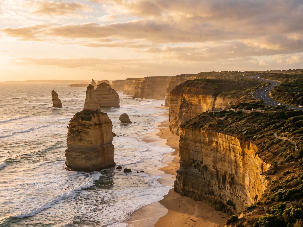 Krečnjačke stene u moru uz obalski put Great Ocean Road (AI prikaz)