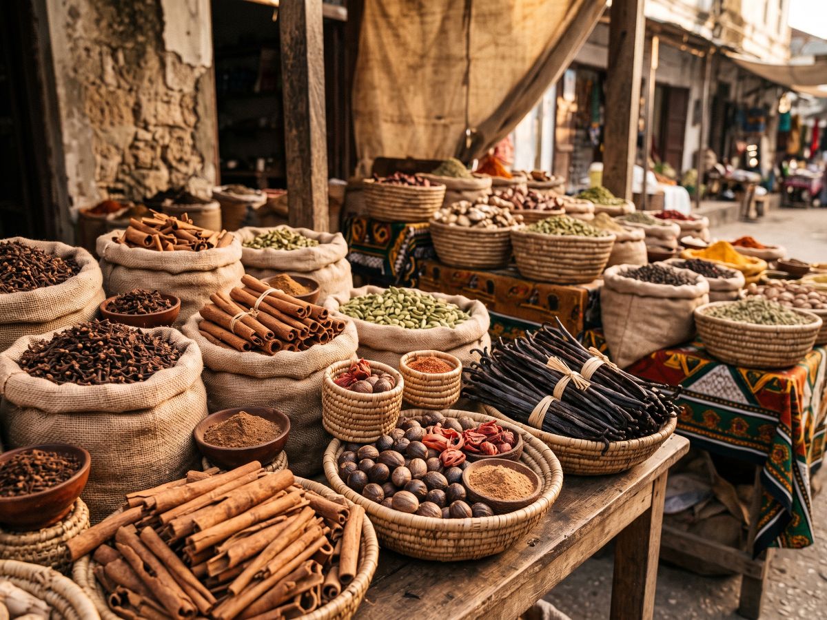 Začini na tezgi pijace na Zanzibaru (AI prikaz)